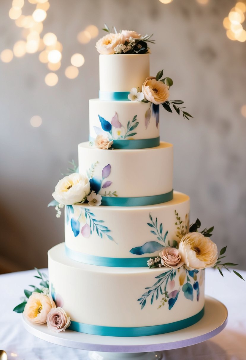 A five-tier wedding cake adorned with watercolor-style floral designs in soft pastel colors