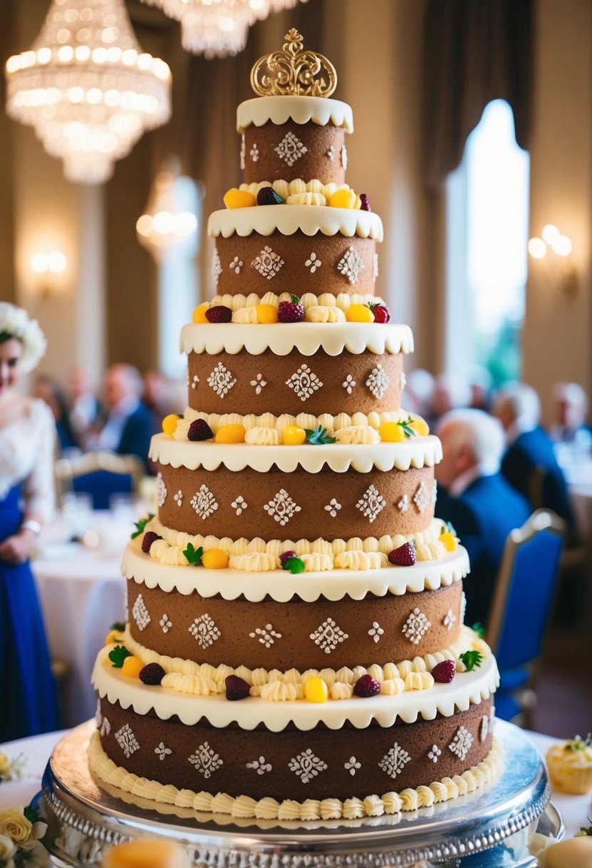 A towering five-tier fruitcake adorned with marzipan layers, decorated with traditional wedding motifs and delicate icing details