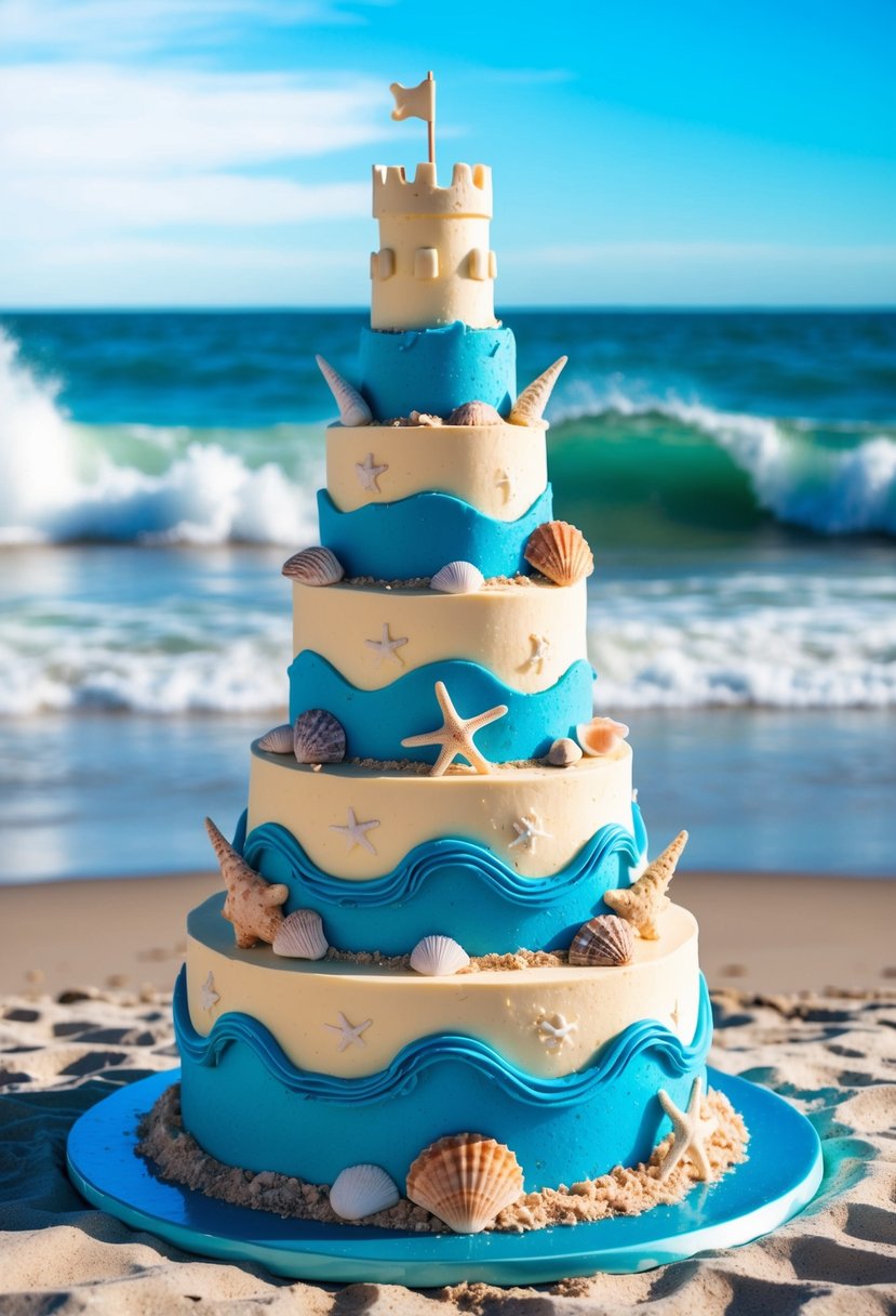 A five-tiered wedding cake shaped like a sandcastle, adorned with seashells, starfish, and waves, set against a backdrop of a sandy beach with crashing waves and a bright blue sky