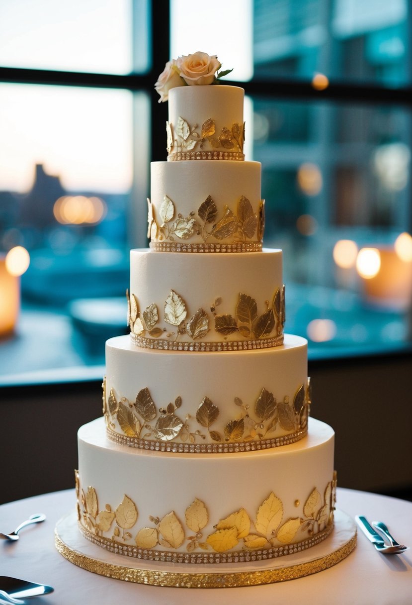 A five-tier wedding cake adorned with glamorous gold leaf and intricate detailing