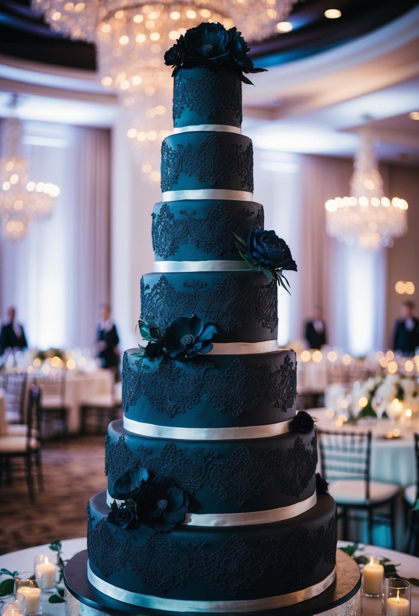 A towering gothic black tiered wedding cake, adorned with intricate lace and dark florals, stands as the centerpiece of a lavish reception