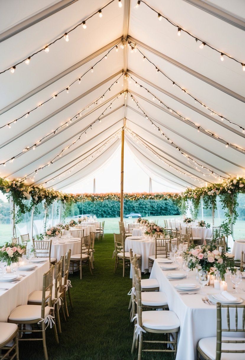 A white tent adorned with fairy lights, surrounded by blooming flowers and greenery, with elegant tables and chairs set for a wedding celebration