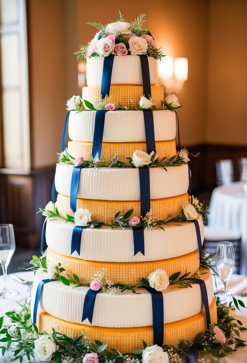 A towering five-tier cake made of stacked cheese wheels, adorned with flowers and ribbons, serves as a unique and elegant wedding centerpiece