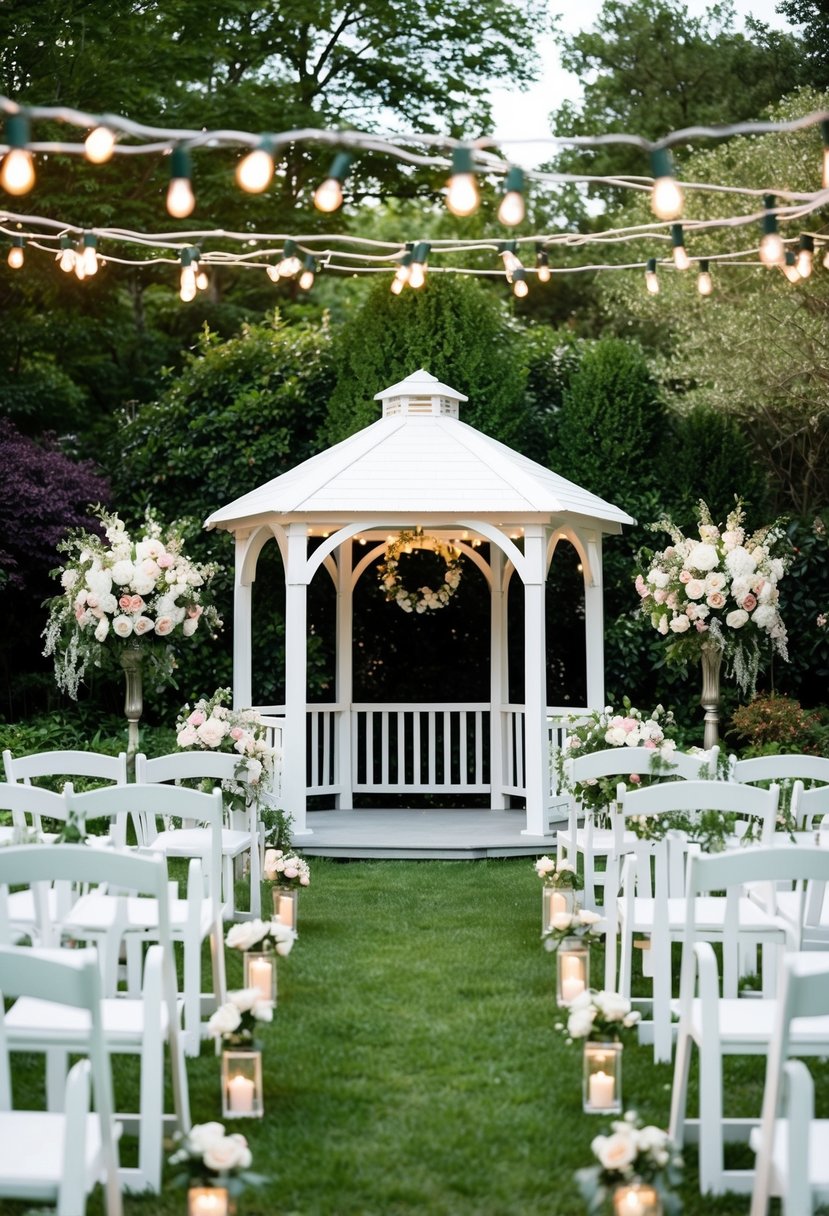 A lush garden with blooming flowers, a white gazebo, and hanging fairy lights, set up for a romantic wedding ceremony