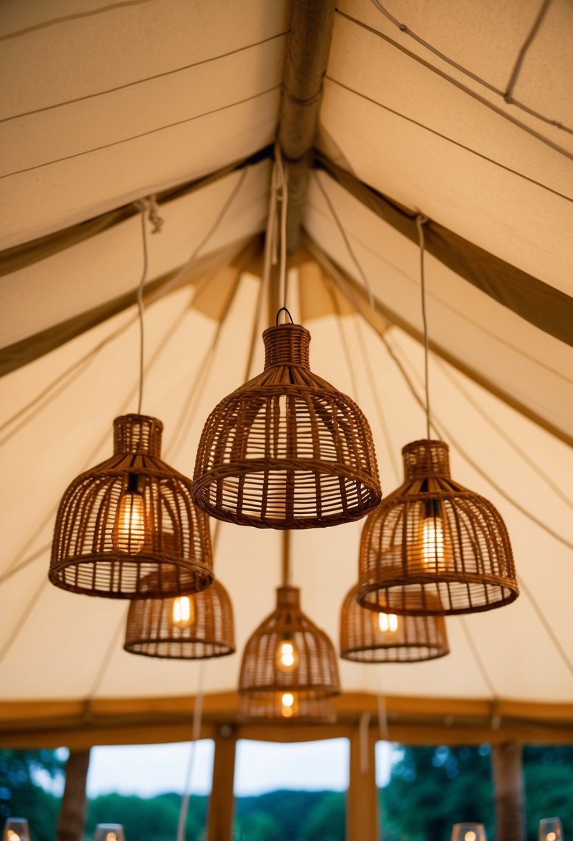 A cozy tent adorned with rattan lampshades, emitting warm light for a rustic charm wedding