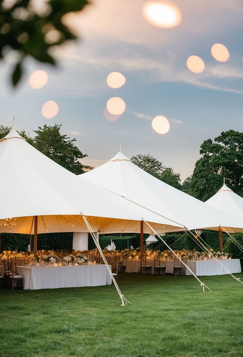 Elegant white sailcloth tents arranged in a romantic outdoor setting for a wedding celebration