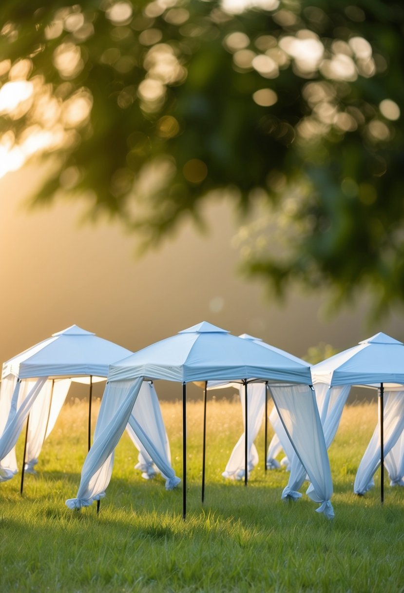 A group of open-top canopies set up in a grassy field, fluttering in the breeze, with soft sunlight filtering through