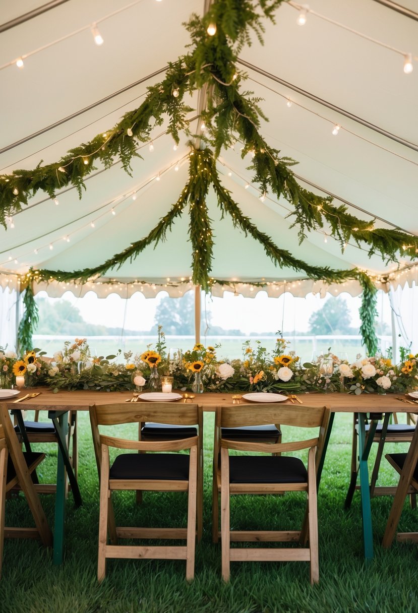 Green garland drapes from the tent ceiling, intertwining with fairy lights and hanging over wooden chairs and tables adorned with wildflowers