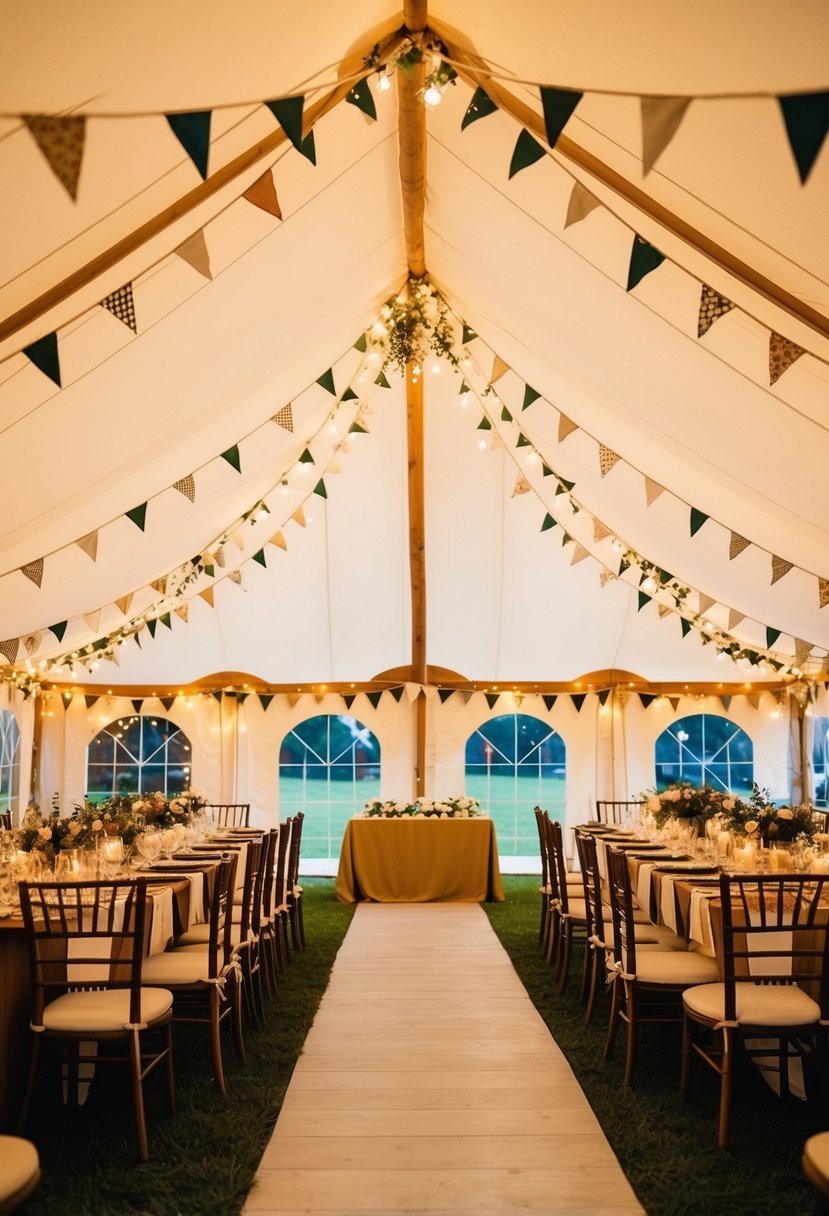 A festive tent adorned with bunting and string lights creates a warm and inviting ambiance for a wedding celebration