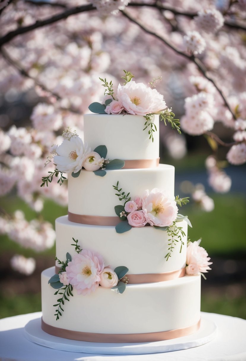 A tiered wedding cake adorned with pastel flowers and delicate greenery, set against a backdrop of blooming cherry blossoms