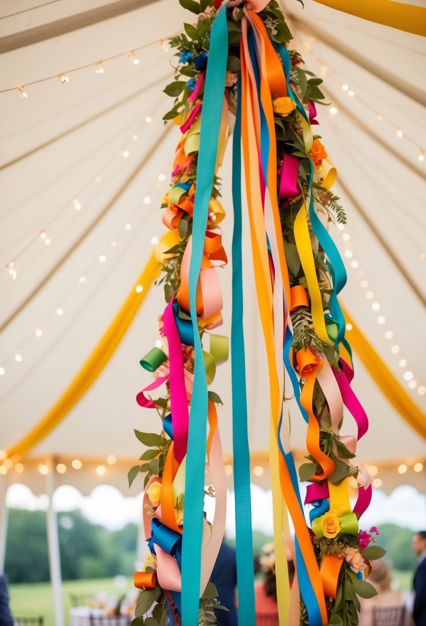 A tent adorned with colorful ribbons and fabric scraps creates a whimsical backdrop for a wedding celebration