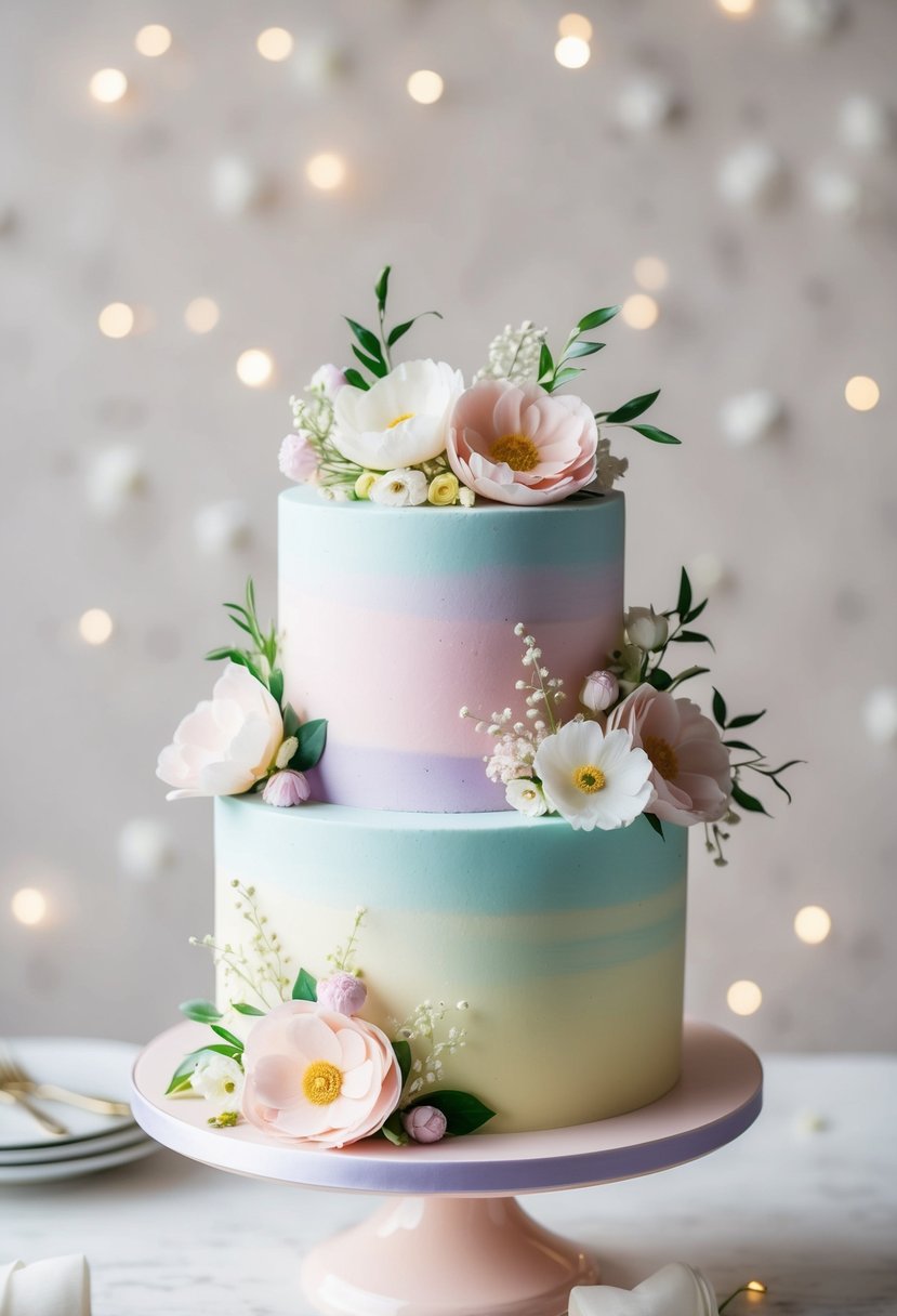 A hand-painted pastel cake adorned with delicate floral accents, perfect for a spring wedding celebration