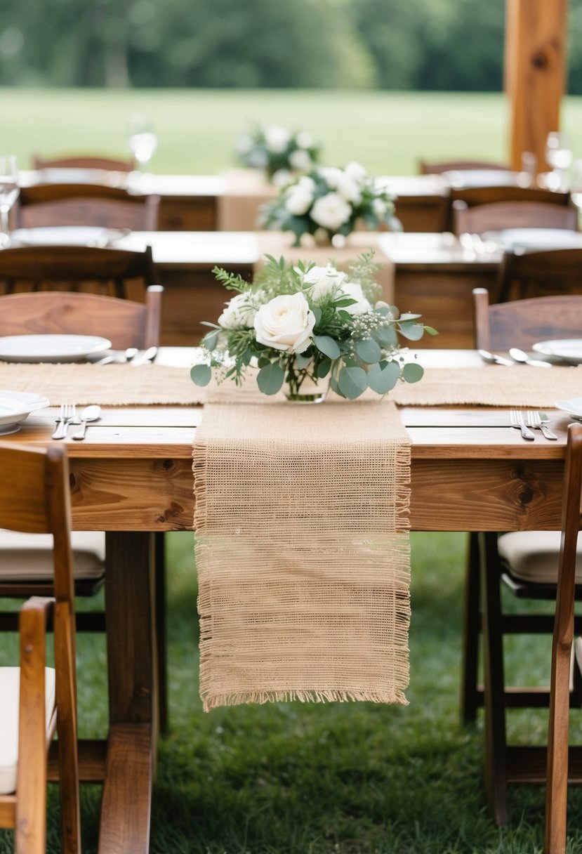 Burlap table runners draped across wooden tables at a rustic outdoor wedding reception