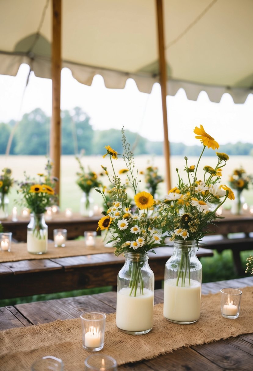 Milk glass vases filled with wildflowers adorn rustic wooden tables under a billowing tent, creating a vintage and charming atmosphere for a wedding celebration