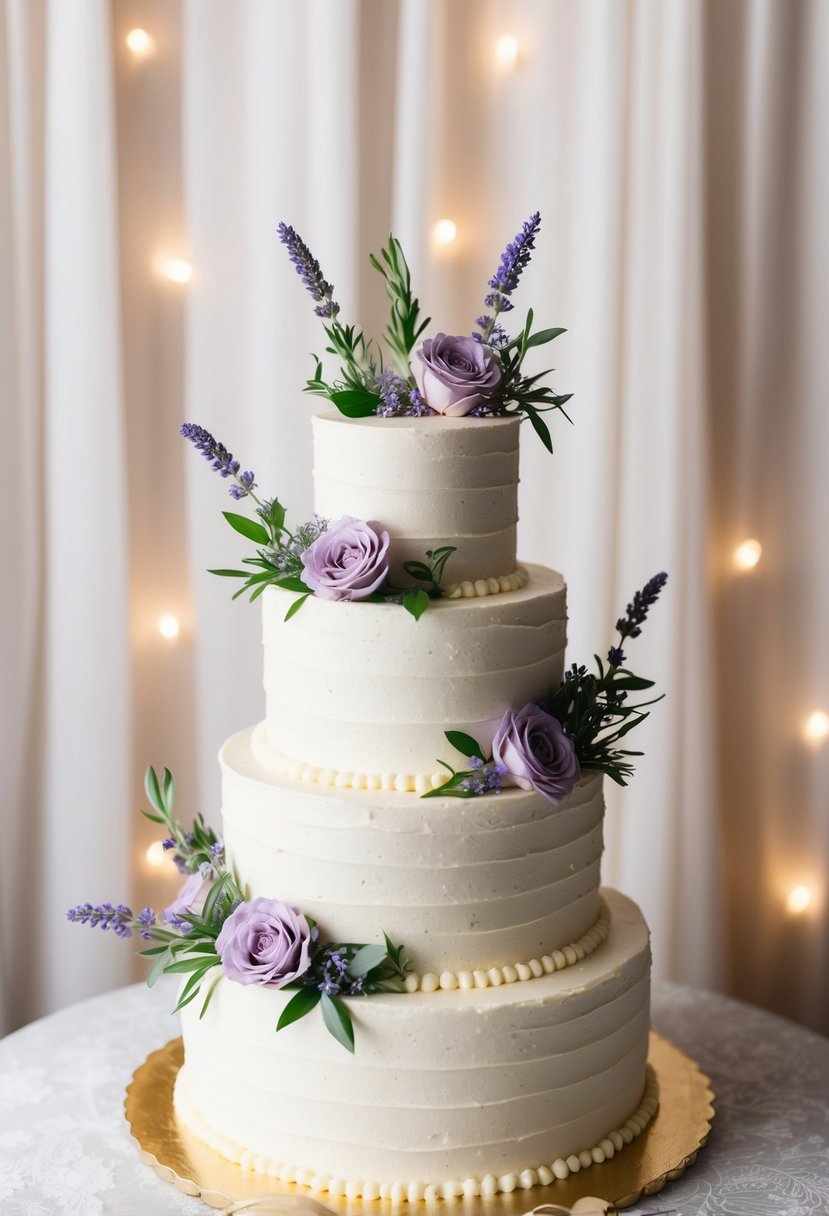 A three-tiered buttercream cake adorned with lavender flowers and greenery, set against a soft, romantic backdrop