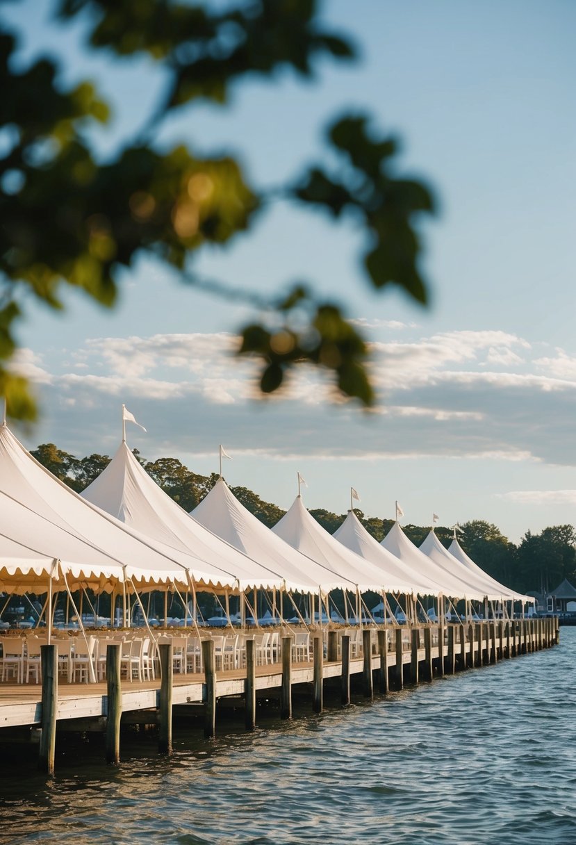 Sailcloth tents line the waterfront, billowing in the breeze, creating a romantic setting for a wedding venue