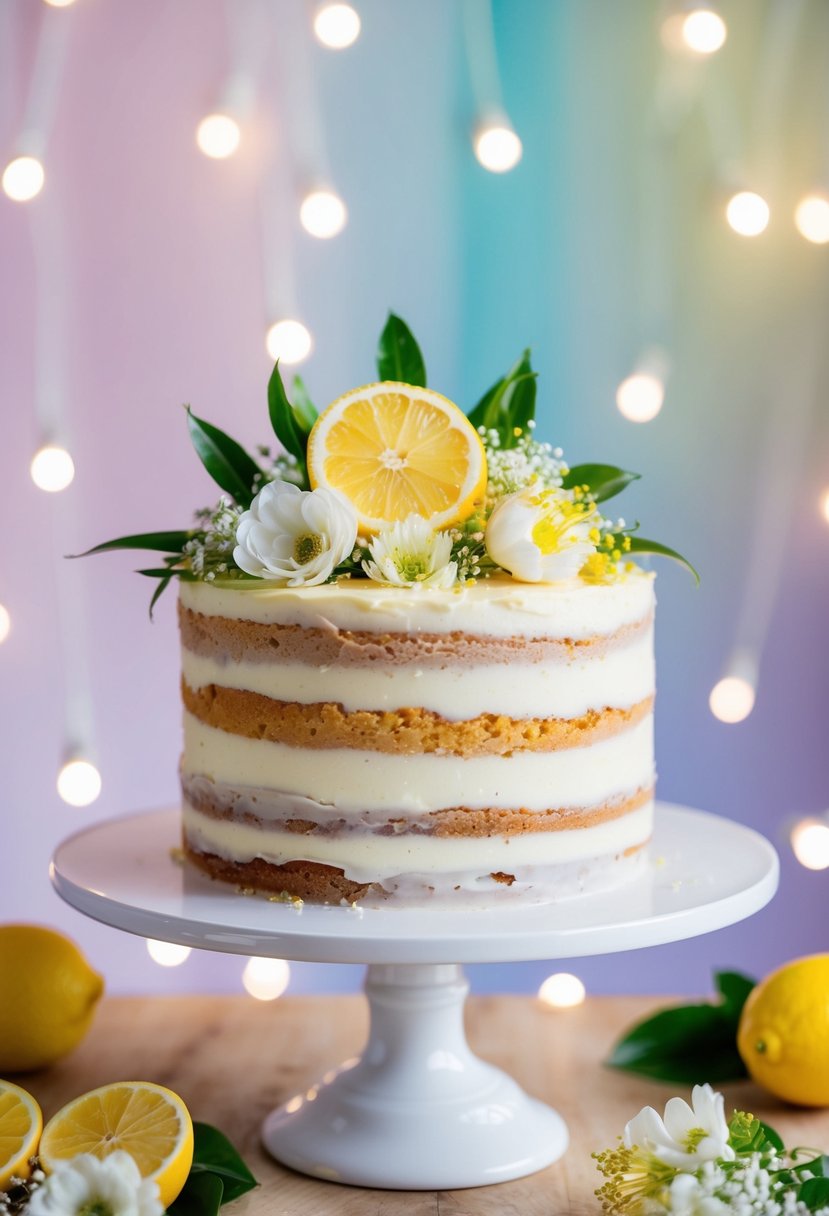 A citrus-infused cake with zesty lemon frosting sits adorned with delicate flowers, set against a backdrop of pastel hues and twinkling lights, evoking the essence of a spring wedding celebration