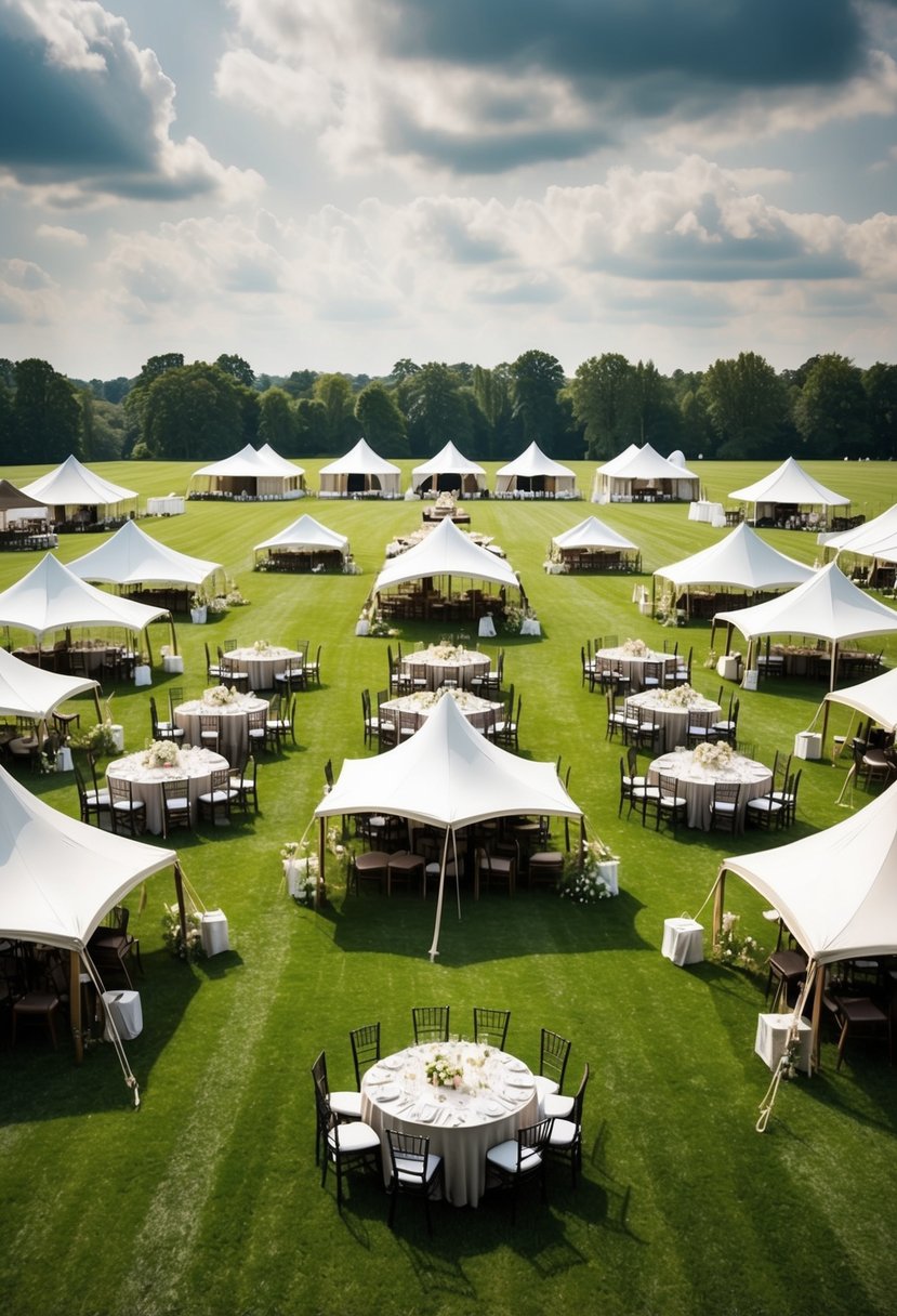 A grassy field with multiple frame tents arranged in various layouts for a wedding. Tables, chairs, and decor are set up inside the tents