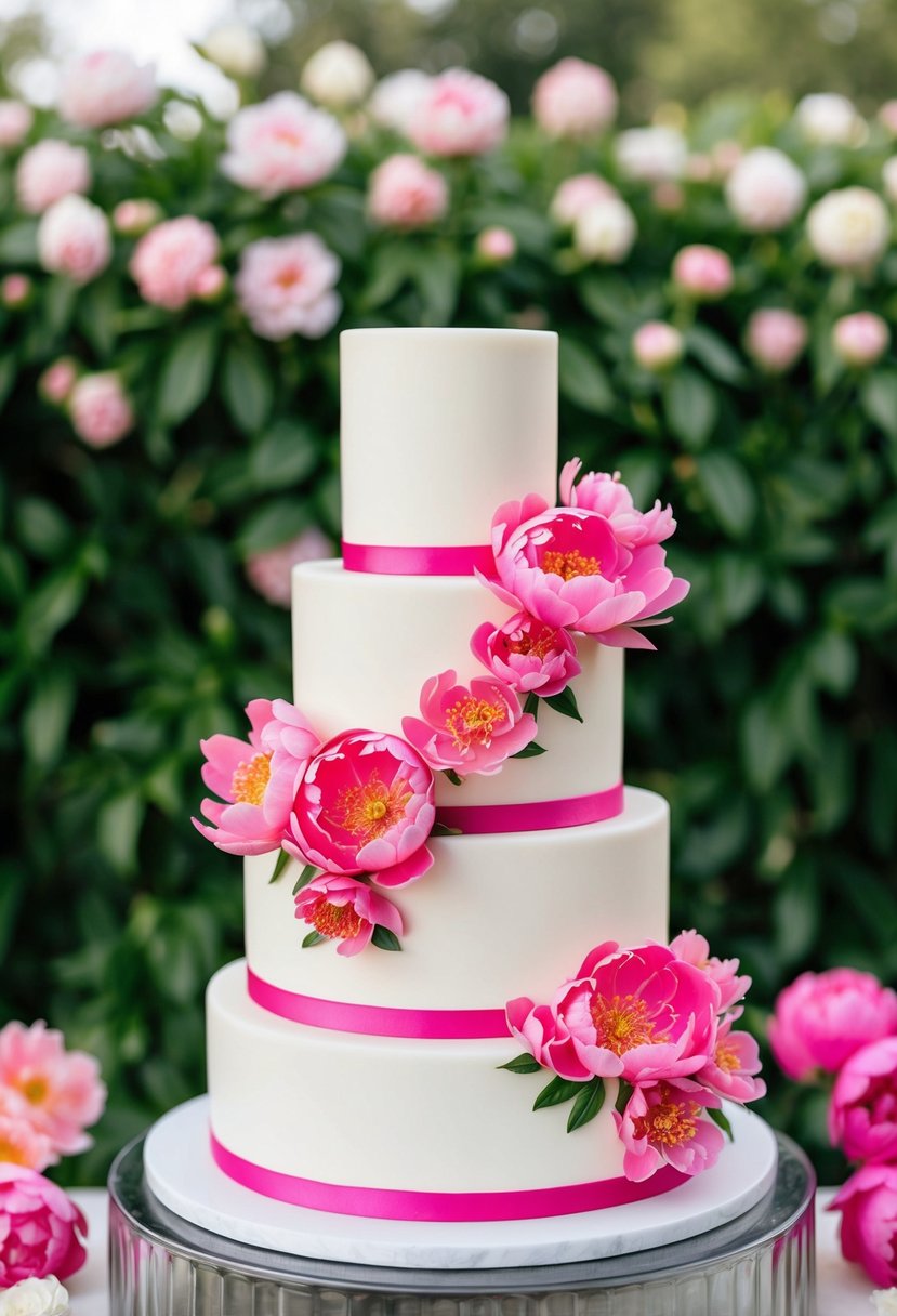 A three-tiered cake with pink peony sugar flowers cascading down the sides, set against a backdrop of lush greenery and blooming flowers