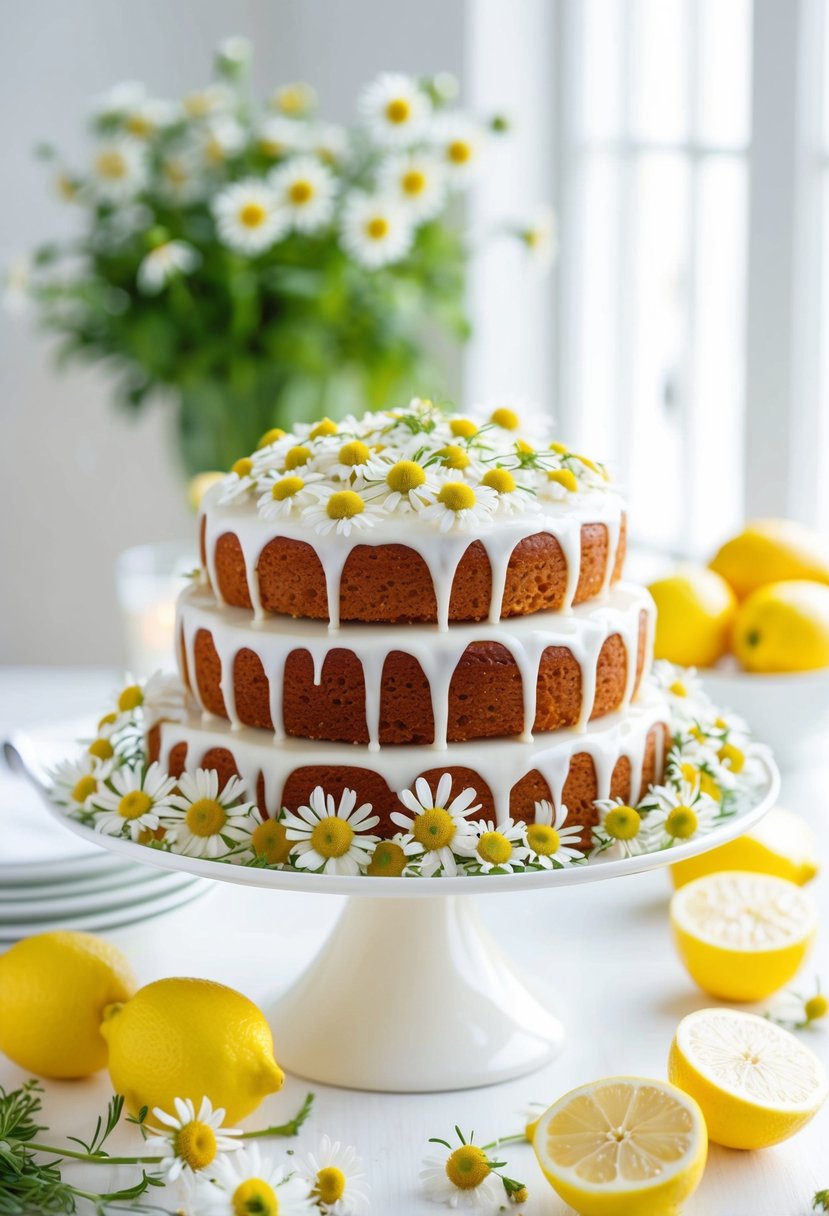 A chamomile cake with lemon infusion sits on a tiered stand, surrounded by fresh chamomile flowers and lemon slices. The scene is set in a bright, airy room with soft natural lighting