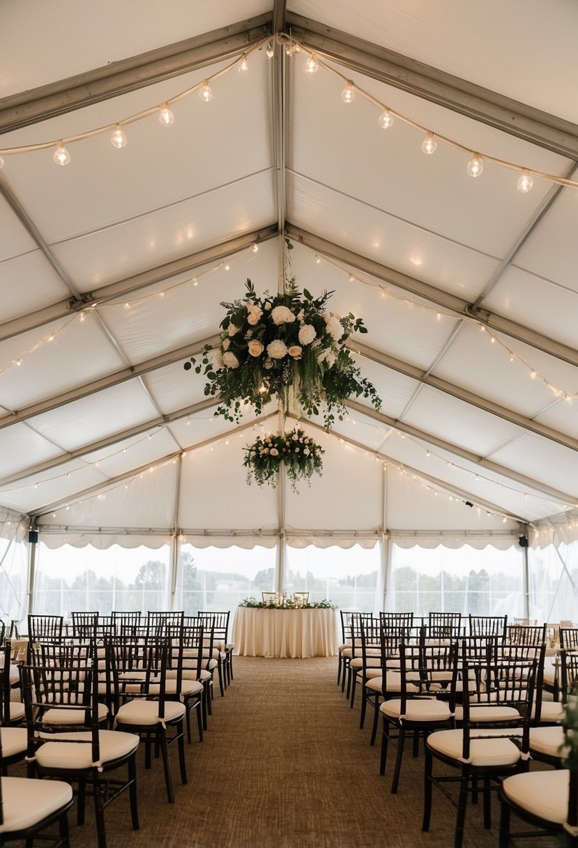 A large clear span tent with elegant decor for a wedding celebration