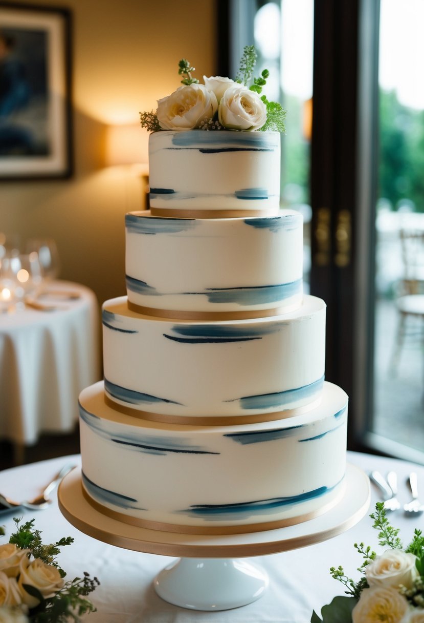 A tiered wedding cake adorned with delicate brush strokes in the style of Degas-inspired art