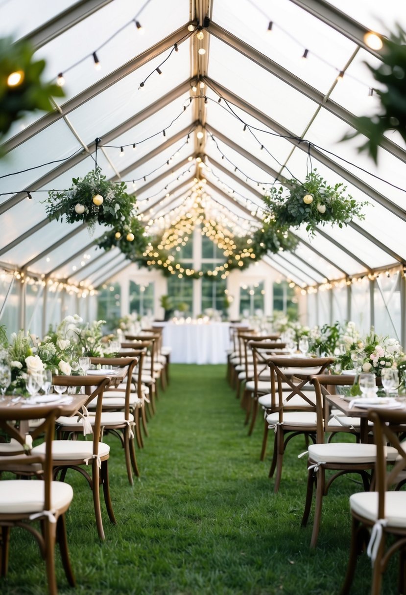 A row of elegant greenhouse tents adorned with twinkling lights, set up for a garden party or wedding reception