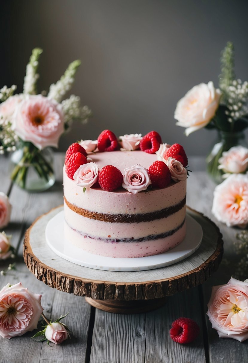 A raspberry rosewater cake adorned with fresh roses sits on a rustic wooden table, surrounded by delicate floral arrangements and soft, natural lighting