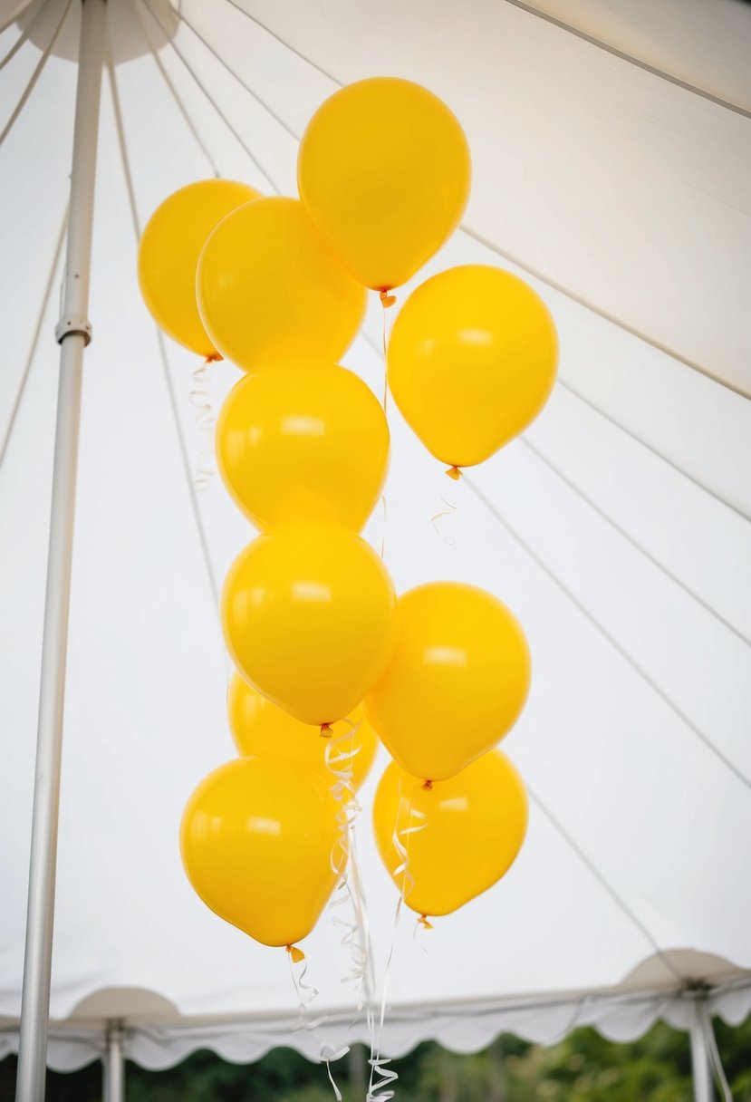 A cluster of bright yellow balloons floating above a white tent, adding a vibrant pop of color to the wedding decor