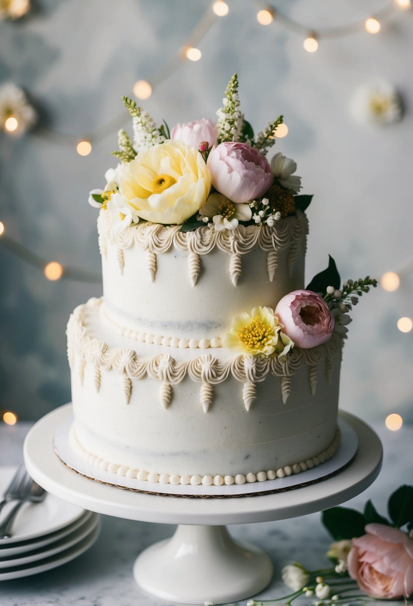 A vintage-style piped cake adorned with intricate floral detailing, perfect for a spring wedding celebration