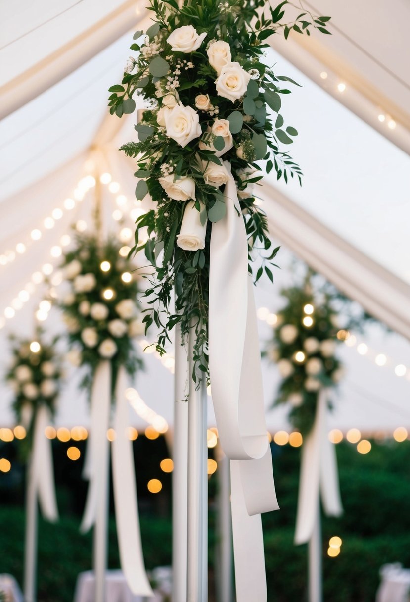 White satin ribbons cascade from tent poles, draping over floral arrangements and twinkling lights