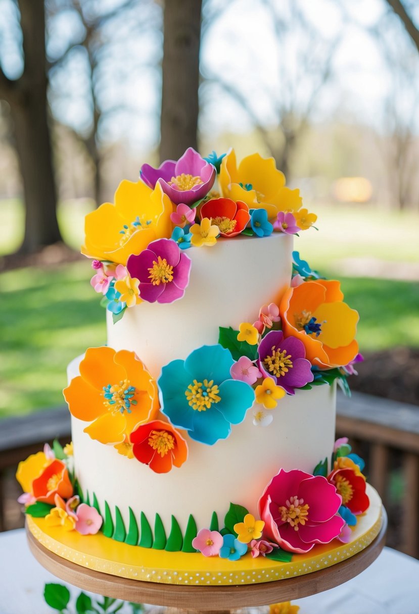 A vibrant floral cake adorned with multicolored sugar blossoms for a spring wedding celebration