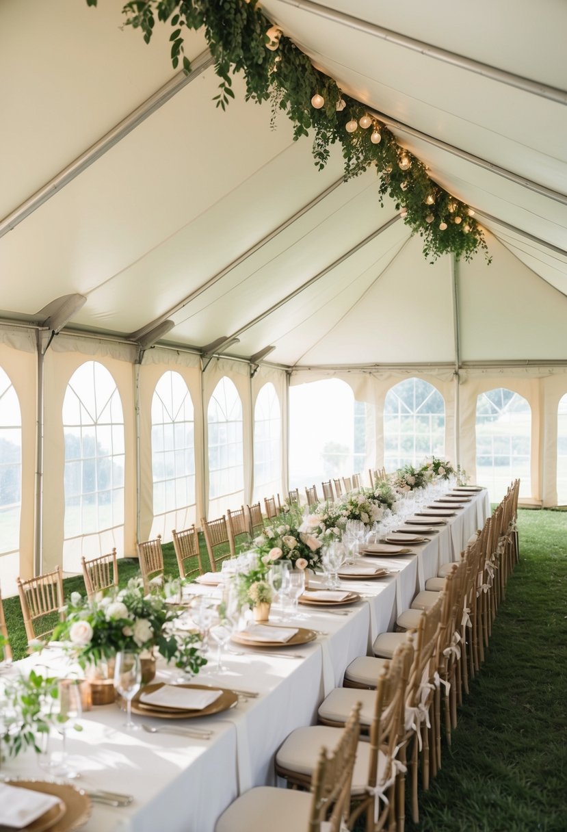 A row of elegant tents with large windows, allowing natural light to fill the space for a beautiful outdoor wedding setting