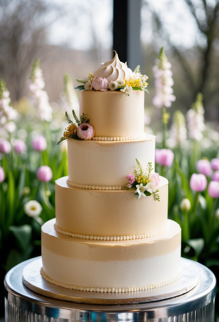 A three-tiered champagne cake adorned with delicate flowers and Italian meringue frosting, set against a backdrop of blooming spring flowers and greenery