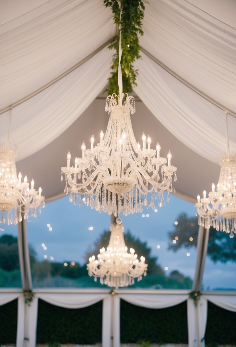 Several elegant chandeliers hang from the ceiling of a beautifully decorated outdoor tent, creating a romantic and enchanting ambiance for a garden wedding