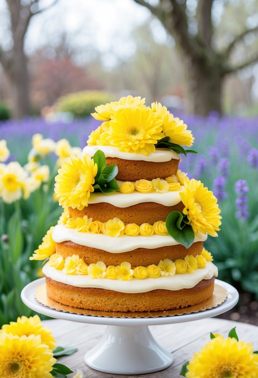 A three-tiered lemon cake adorned with fresh yellow flowers and a creamy lemon Bavarian filling, set against a backdrop of a spring garden