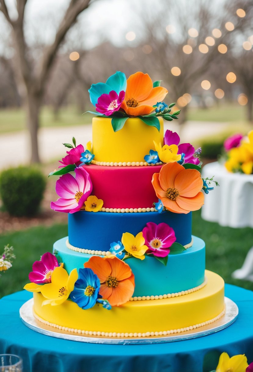 A bold, colorful cake adorned with vibrant spring florals, perfect for a spring wedding celebration