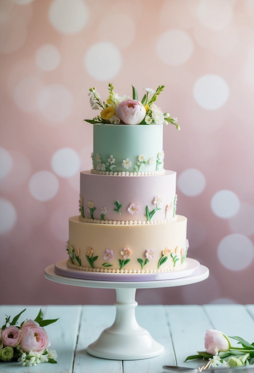 A pastel buttercream cake adorned with classic spring wedding designs