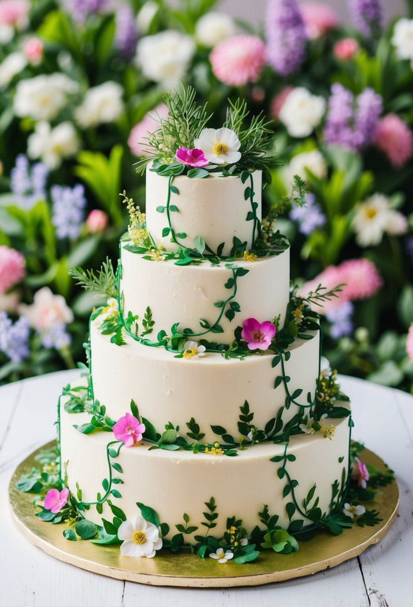 A tiered garden-themed cake adorned with edible greenery, flowers, and vines, set against a backdrop of blooming spring flowers and foliage