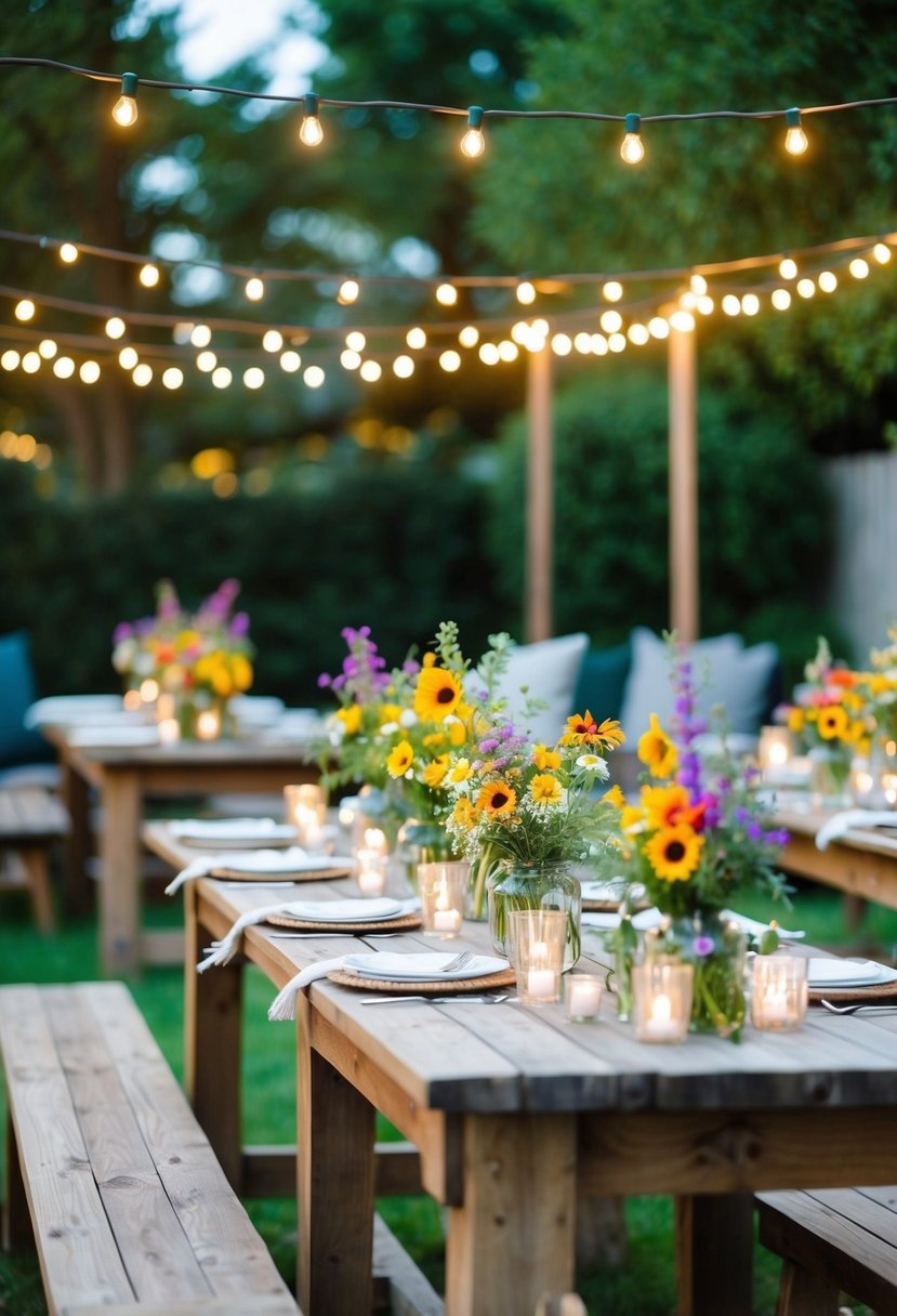 A cozy outdoor garden with twinkling string lights, rustic wooden tables, and colorful wildflower centerpieces