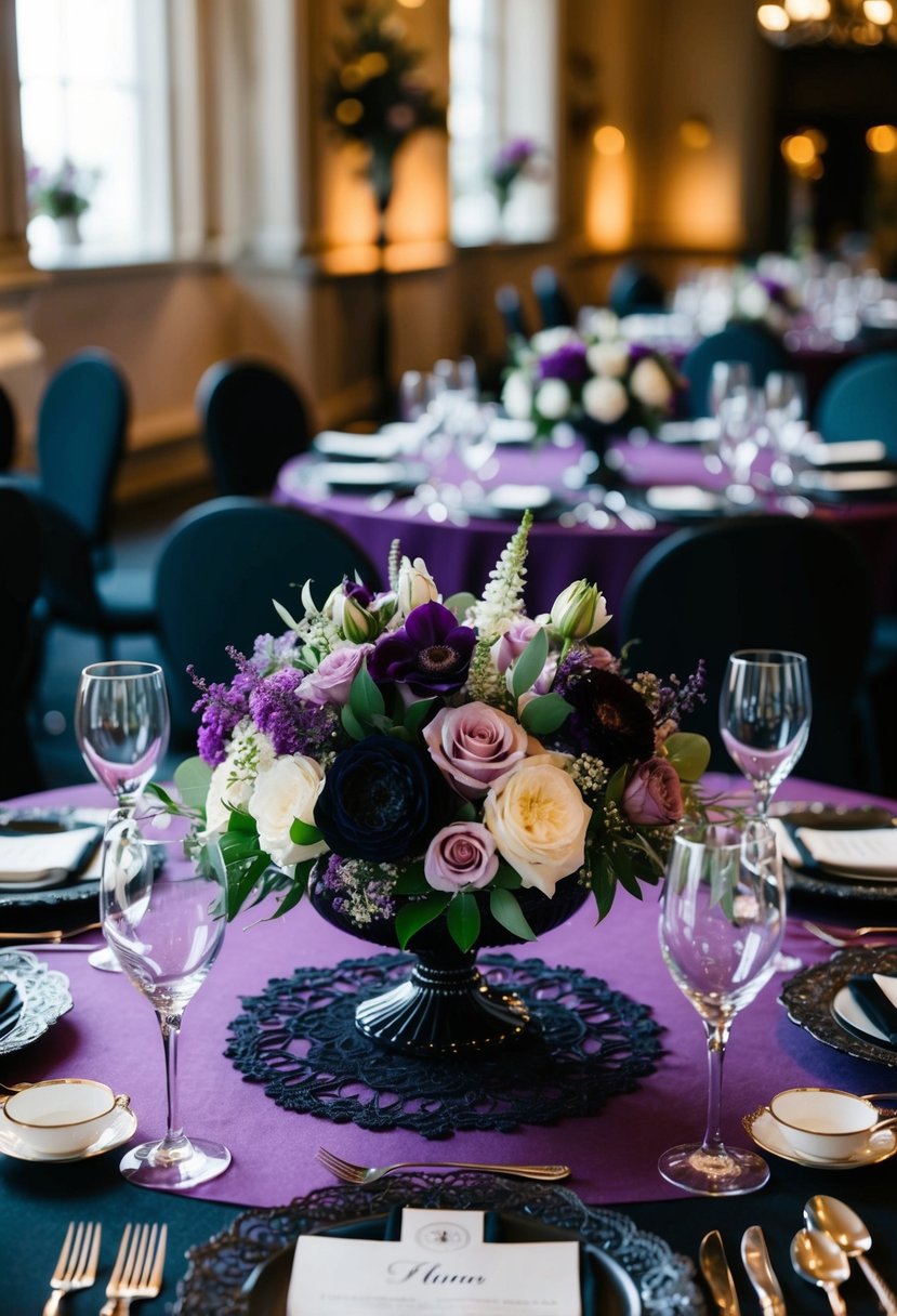 A regal purple and black wedding table setting with elegant floral centerpieces and intricate lace details