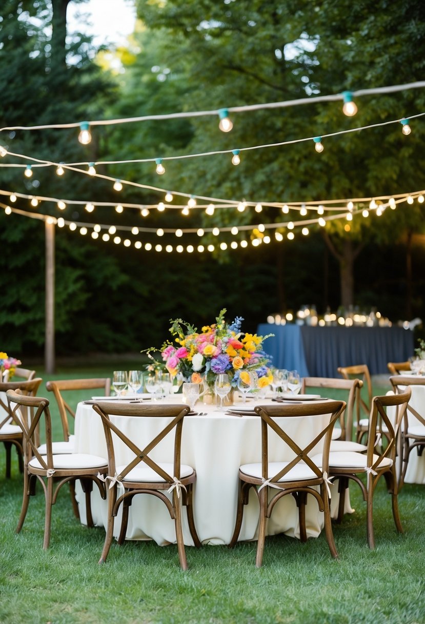 A charming backyard wedding with string lights, colorful flowers, and rustic wooden chairs set up for an intimate ceremony and reception