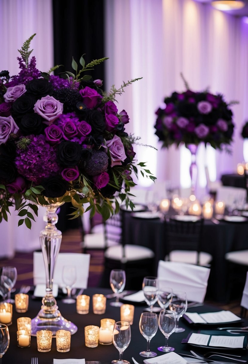 Lush purple and black floral centerpieces adorn a wedding reception, creating a dramatic and elegant atmosphere