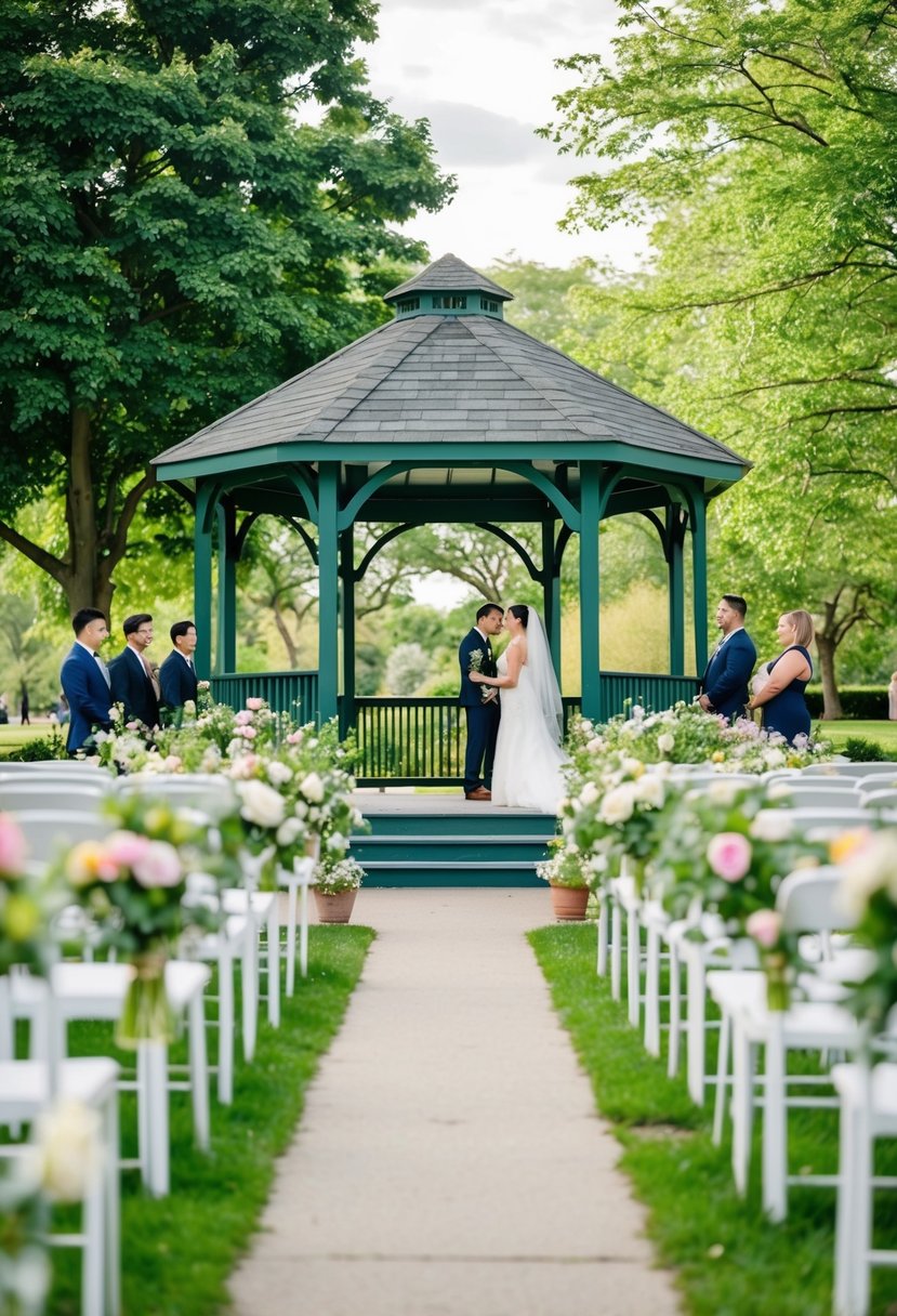 A small, intimate ceremony in a local park with a simple gazebo, surrounded by blooming flowers and lush greenery