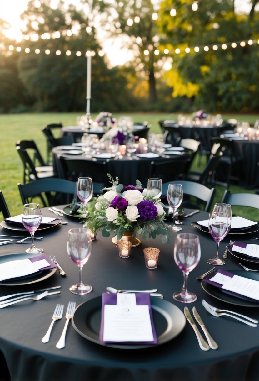 A matte black table set with purple accents arranged for a wedding celebration