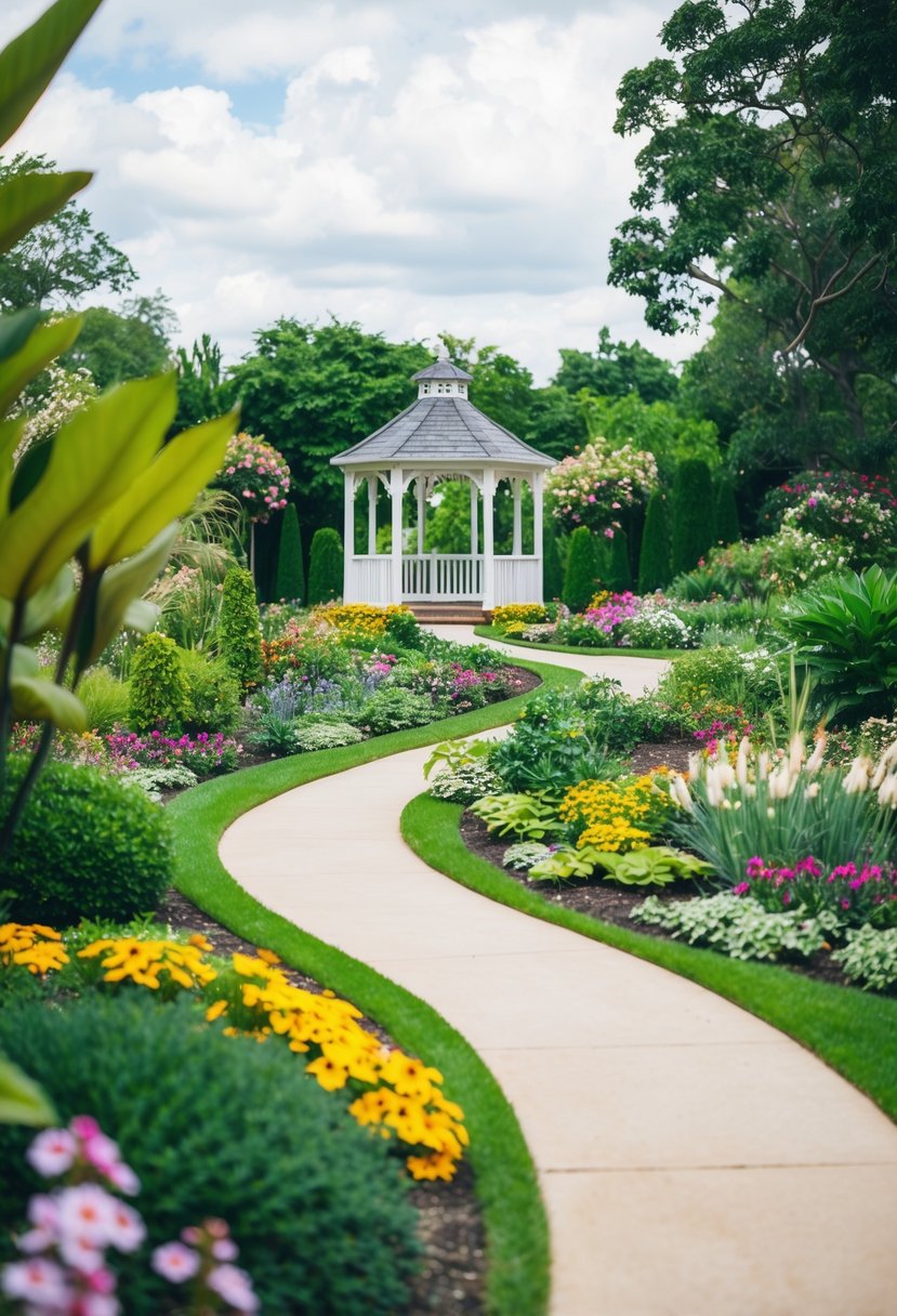 Lush botanical garden with winding paths, blooming flowers, and a quaint gazebo, perfect for a budget-friendly wedding venue