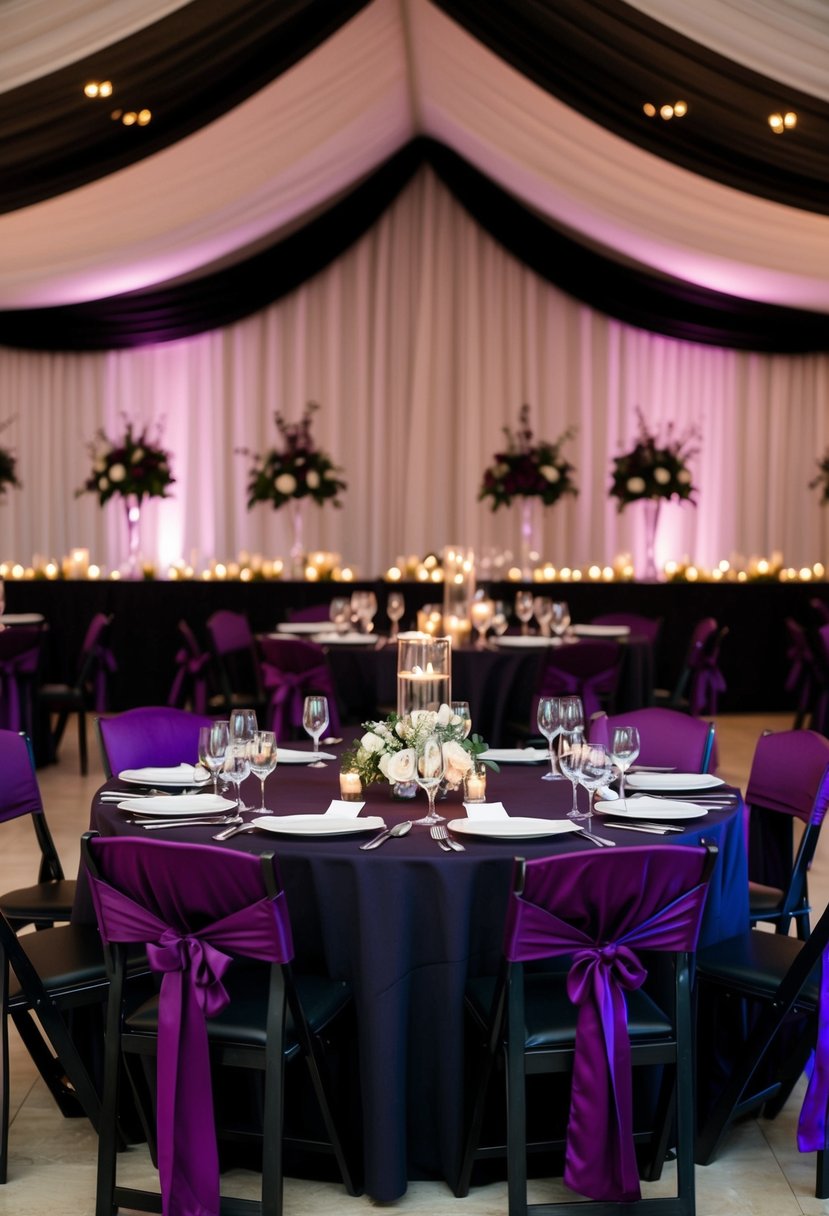 A wedding reception with eggplant bridesmaid dresses and purple and black decor