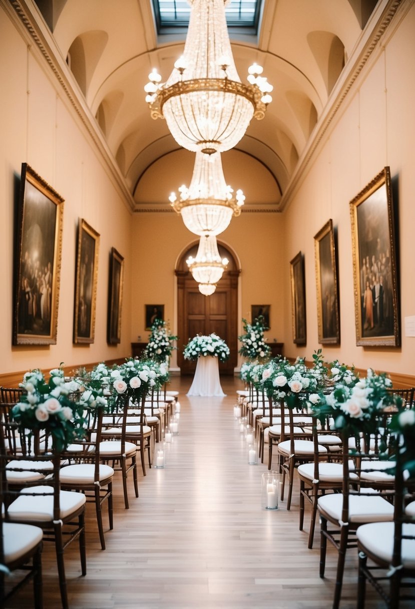 An elegant museum hall adorned with art, filled with chairs and flowers for a wedding ceremony