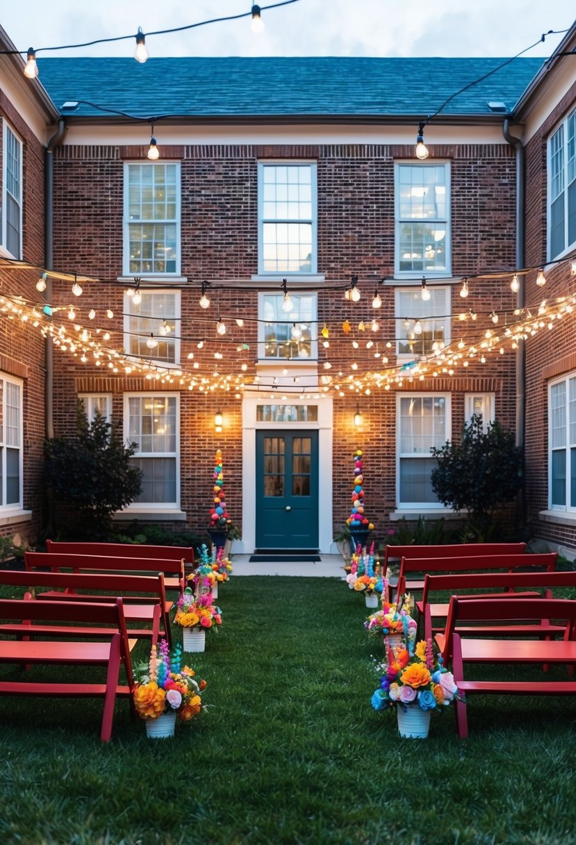 A charming school courtyard with string lights and colorful decorations, set up for a budget-friendly wedding celebration