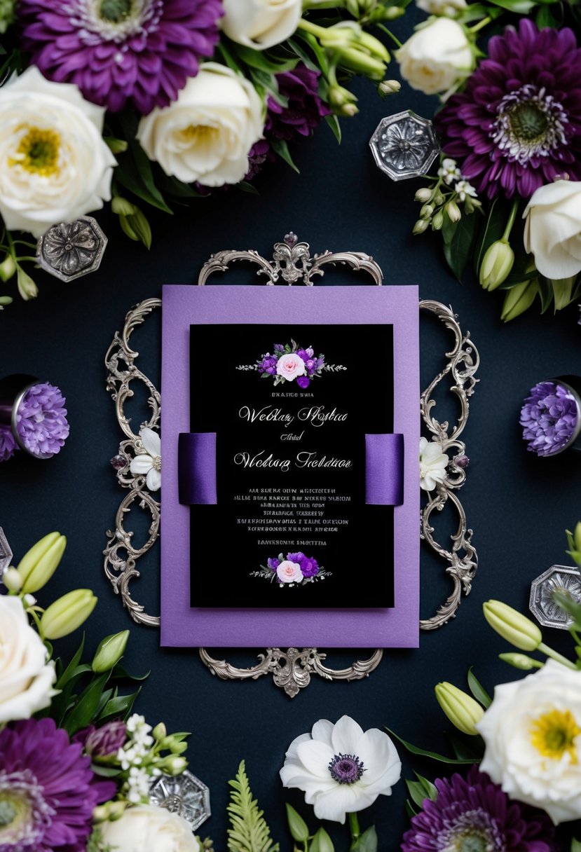 A regal black and purple wedding invitation surrounded by elegant floral arrangements and ornate decorations